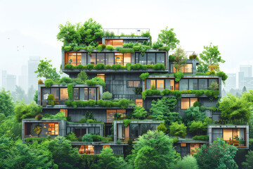 Modern apartment building covered with lush greenery. Urban greening concept, vertical gardens and sustainable architecture. Green roofs, walls, bright facade surrounded by nature