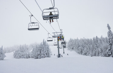 Ski Lift in Winter Wonderland: Skiers Ascend Snow-Covered Mountain Amidst Frosty Trees and Serene Winter Landscape
