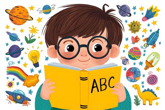 Imaginative Illustration of a Young Boy Reading an ABC Book Surrounded by Colorful Fantasy Elements