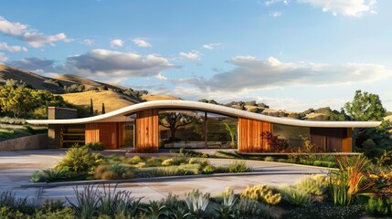 mid-century modern suburban house with an organic roof shape that mimics the rolling hills in the background