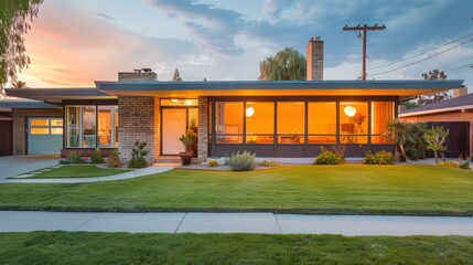 Fototapeta premium mid-century modern suburban house with original 1950s decor preserved inside, visible through expansive front windows