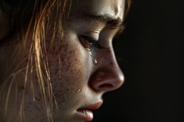 A close-up picture shows a young lady sobbing with a tear streaming down her cheek.