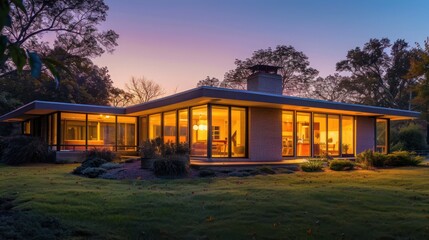 Obraz premium mid-century modern suburban home at dawn, its iconic flat roof and floor-to-ceiling windows catching the first light