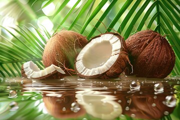 Fresh Coconut Halves on Tropical Background Photorealistic