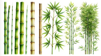 Obraz premium a set of green bamboo branches in different components on a white background