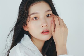 beautiful Korean womanwith long hair, wearing white and touching the skin while looking at the camera with a clean background