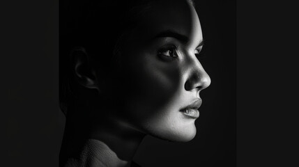 Dramatic black and white image showing a woman's face in partial shadow. The high-contrast lighting creates a striking effect, highlighting the contours and texture of her skin.