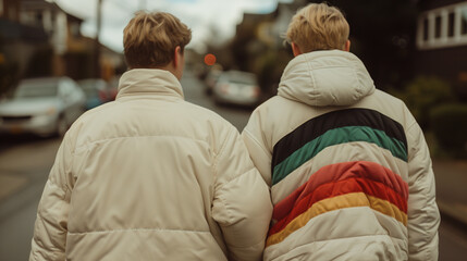 Obraz premium Two stylish men stroll through a busy city street in trendy winter jackets, adding a pop of color to their urban look