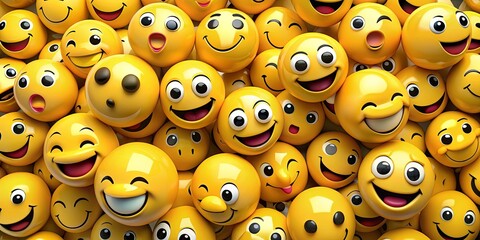 A Cluster of Smiley Faces, 3D Rendering, Yellow Emojis, Happy Faces, Digital Art, Emoji, Emoticon