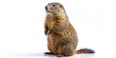 A Curious Marmot Standing Tall on a White Background, marmot , mammal , rodent , wildlife