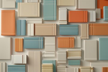 Colorful geometric pattern with orange, blue, and beige blocks arranged in a grid on a wall.