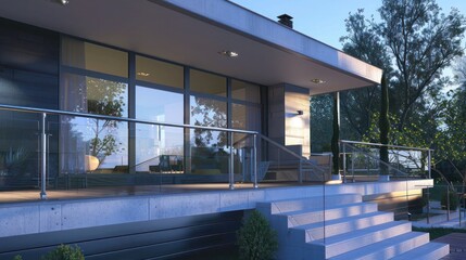 Obraz premium sleek suburban house with a modern take on the traditional porch, featuring glass railings and a minimalist design