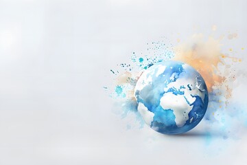 Creative watercolor illustration of Earth with colorful splashes on a light background