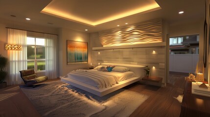 Suburban Contemporary master suite with a floating bed, ambient lighting, and soft, soothing textures