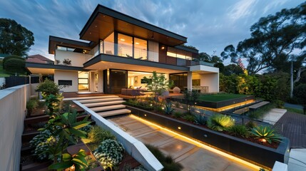 Obraz premium sleek suburban house with a multi-level garden terrace featuring minimalist landscaping and mood lighting
