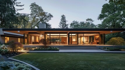 Fototapeta premium suburban home with a modern architectural twist, featuring a series of interconnected pavilions with flat roofs and expansive windows