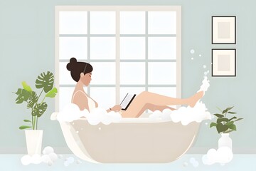 Woman in bubble bath reading a book, surrounded by lush green plants in a serene bathroom.