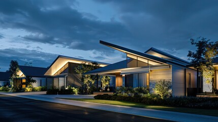 Obraz premium night scene at a contemporary suburban home with angular, overhanging roofs and soft under-eave lighting for a dramatic effect