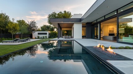 Fototapeta premium sleek suburban modern home with a panoramic backyard that includes a minimalist design reflecting pool and fire pit area
