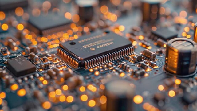 A close-up image showcasing the internal components of a CubeSat circuit board, featuring a central integrated circuit with surrounding resistors and capacitors.