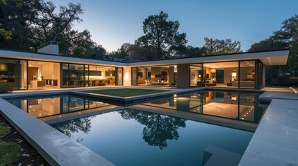suburban mid-century modern home with a seamless transition to a stunning backyard oasis featuring a sleek infinity pool