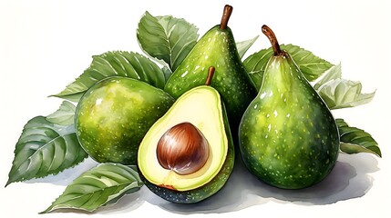 Alligator pear watercolor painting isolated avocado slices and leaves illustration AI Generated