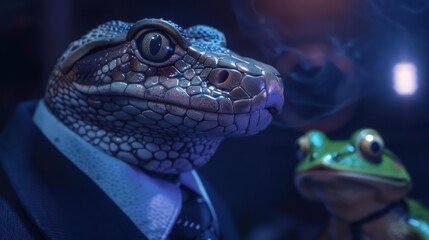 A cobra in a sharp business outfit collaborates with a frog in a tie on a startup proposal, amidst a supernatural setting with glowing, shimmering figures