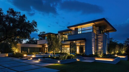 Fototapeta premium nighttime scene of a contemporary suburban house with an integrated outdoor lighting system that highlights its architectural features