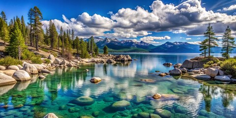 Clear Blue Lake with Mountains and Sky Reflections, Tahoe, Lake, Mountain, Nature,
