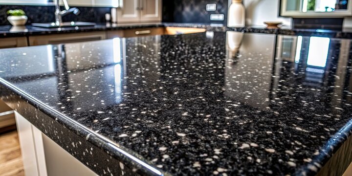 Close-up of a Black Granite Kitchen Countertop with White Specks, Kitchen Design, Interior Design, Home Decor, Countertop Material