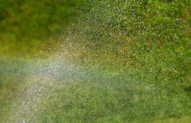 Water droplets are scattered throughout the air against a background of green grass. Water sprinkles over green grass