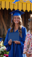 Smiling female graduate in blue cap and gown holding diploma at outdoor graduation ceremony