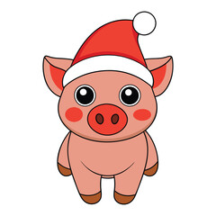 Adorable Christmas pig with Santa hat vector illustration.