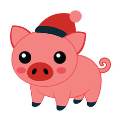 Adorable Christmas pig with Santa hat vector illustration.