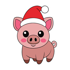 Adorable Christmas pig with Santa hat vector illustration.