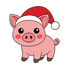 Adorable Christmas pig with Santa hat vector illustration.