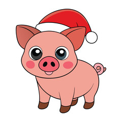 Adorable Christmas pig with Santa hat vector illustration.