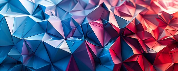 Polygonal shapes in shades of blue and red forming a geometric design. Stylish abstract wallpaper.