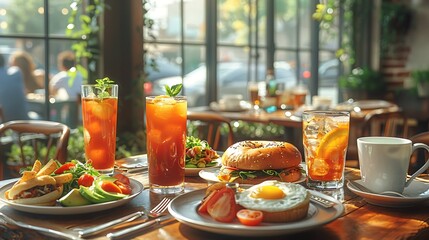 Infographic highlighting cultural diversity of American brunch culture classic egg benedict pancake trendy avocado toast bottomless mimosa brunch illustrated hyper realistic style against backdrop of