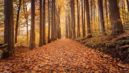 Naklejka premium forest path covered in autumn leaves
