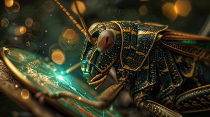 Fototapeta premium A katydid in a tailored outfit presents a business model to a locust in a blazer, surrounded by a supernatural aura of shimmering charts