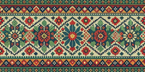 Cross Stitch Floral Pattern, Colorful, Geometric, Traditional, Embroidery