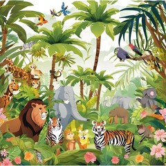 Animals in the jungle vector illustration. Cartoon jungle landscape with tropical plants and animals.