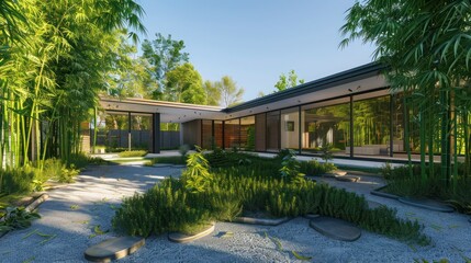 Obraz premium serene mid-century modern suburban house with a zen garden and bamboo groves around the perimeter