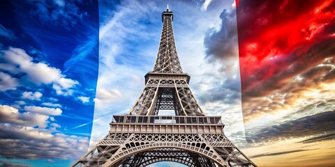 Eiffel Tower with French Flag Sky, Paris, France, Landmark, Travel, Architecture, Eiffel Tower