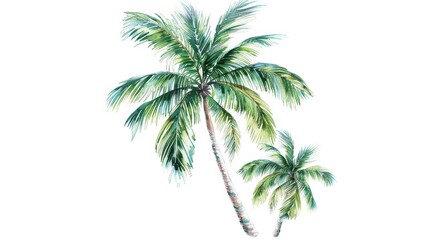 A palm tree visualized with tall watercolor fronds isolate on white background