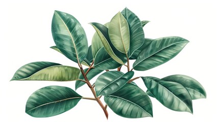 A rubber tree depicted with lush watercolor leaves isolate on white background