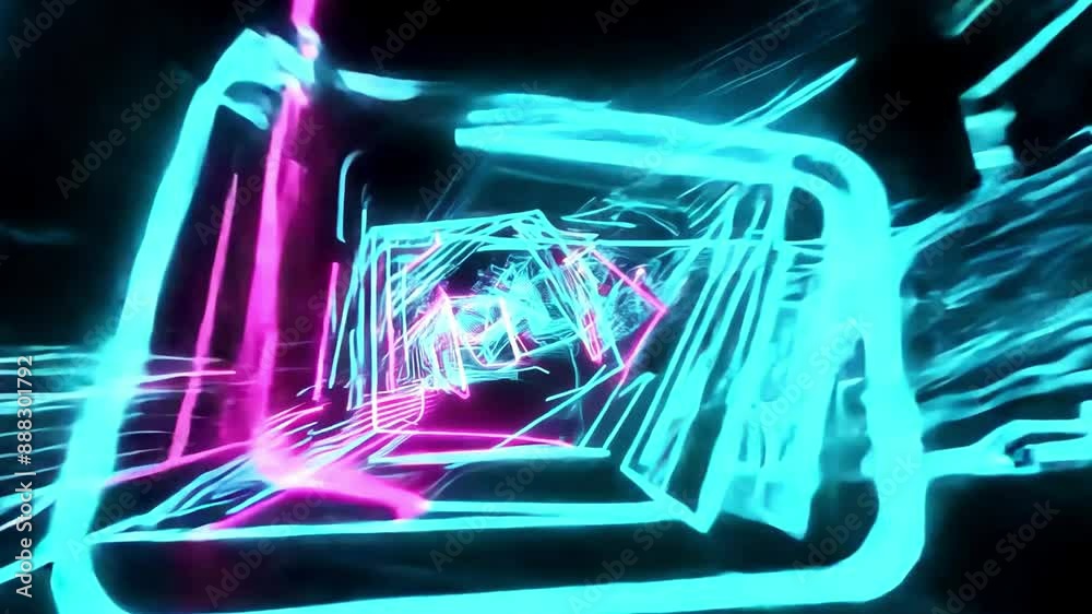 Poster a glowing blue and pink neon light installation creates an abstract tunnel effect in a virtual space