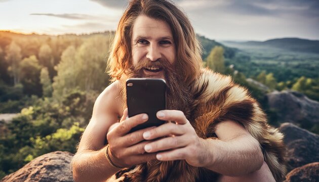 caveman holding mobile phone