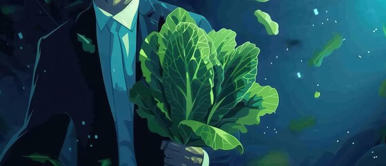 Fototapeta premium An arugula in business attire pitches a startup idea to a bok choy in a smart suit, amidst a supernatural setting with sparkling, floating data points
